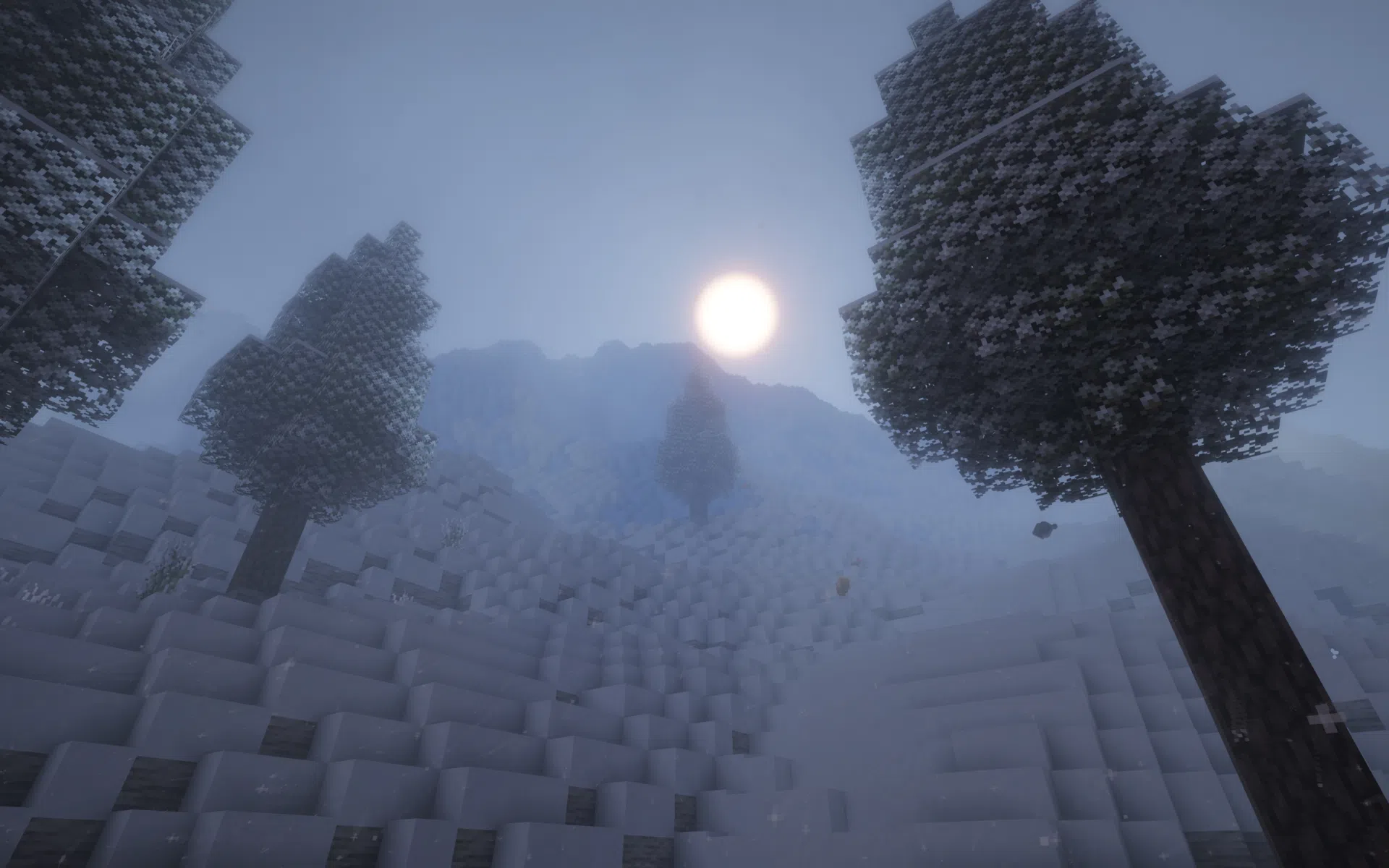 Cold alpine slopes in lingering fog